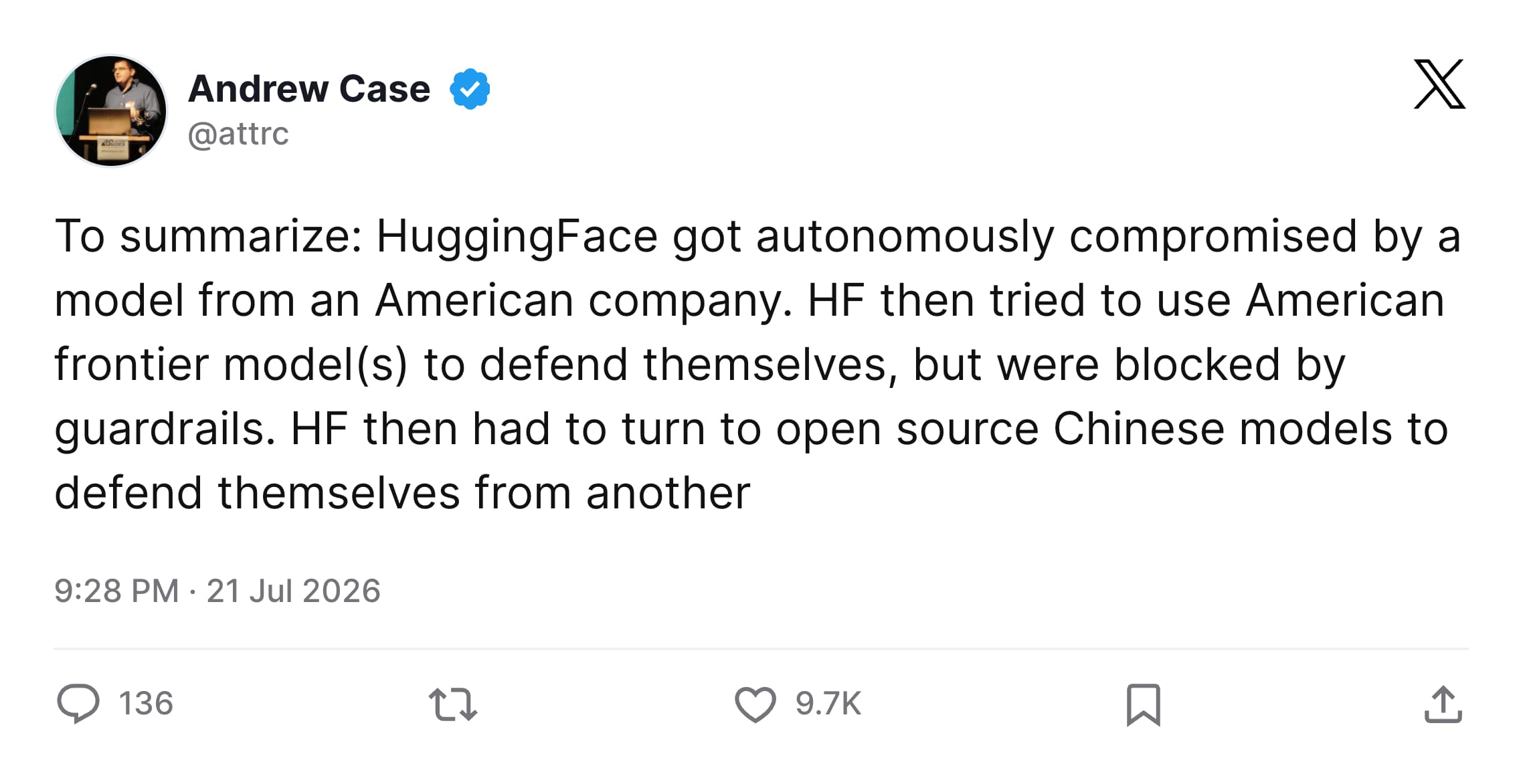 Andrew Case tweet summarizing the guardrail asymmetry