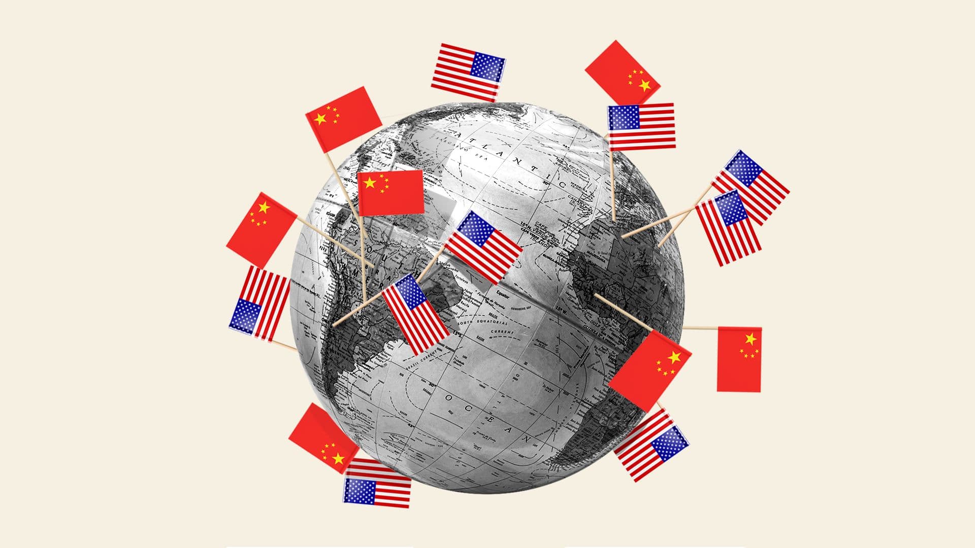 The Axios illustration: globe covered in US and Chinese flags, depicting the AI cold war
