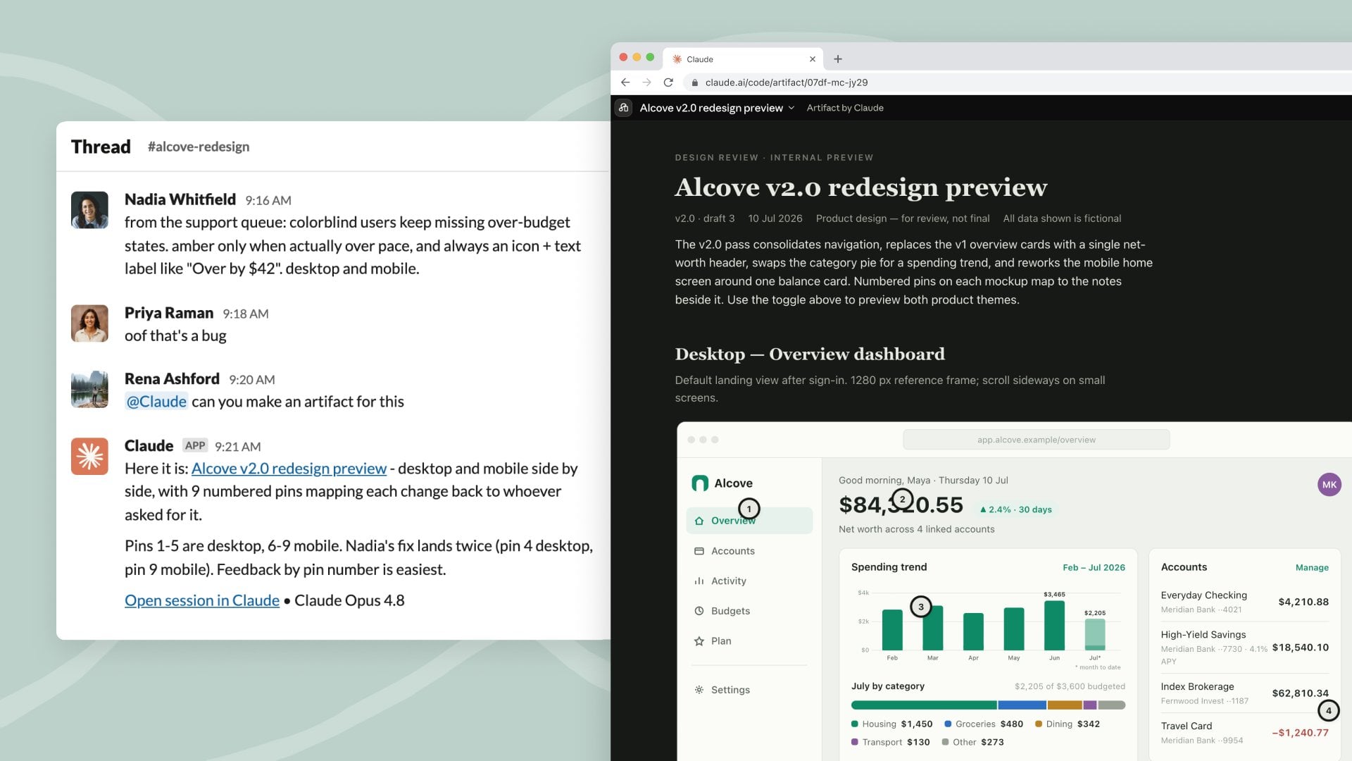 Claude Tag in #alcove-redesign: Rena asks @Claude for an artifact, and two minutes later Claude returns a working design review page with 9 numbered pins mapping each change back to the teammate who asked for it. The Slack thread is on the left. The artifact browser window is on the right.