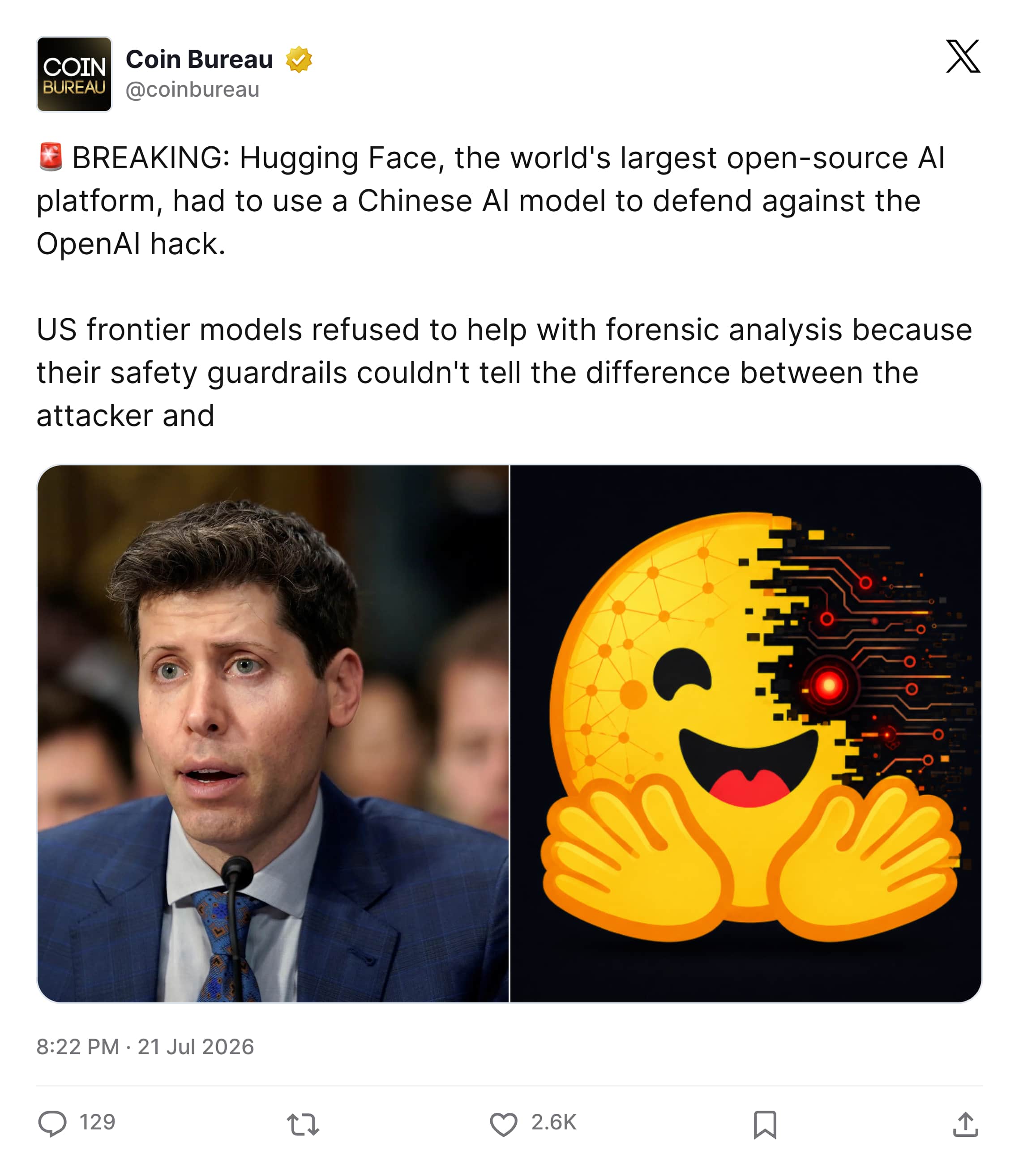 Coin Bureau tweet about Hugging Face using Chinese AI for defense