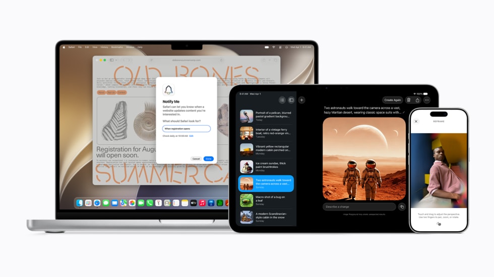 Apple's official Apple Intelligence press image showing iPhone, iPad, MacBook Pro, and Apple Vision Pro, each displaying an Apple Intelligence feature rather than a product called an "agent"