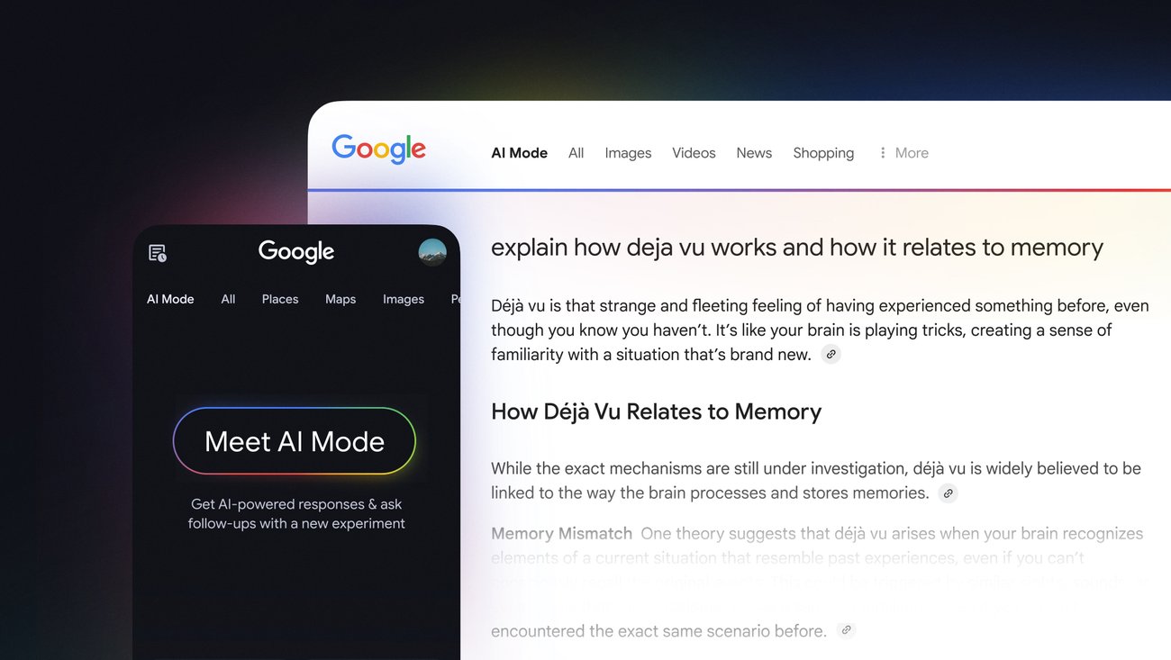 Google's official AI Mode in Search hero image, an AI-powered generative search experience launched in 2025 and now used by hundreds of millions of people without the "agent" label