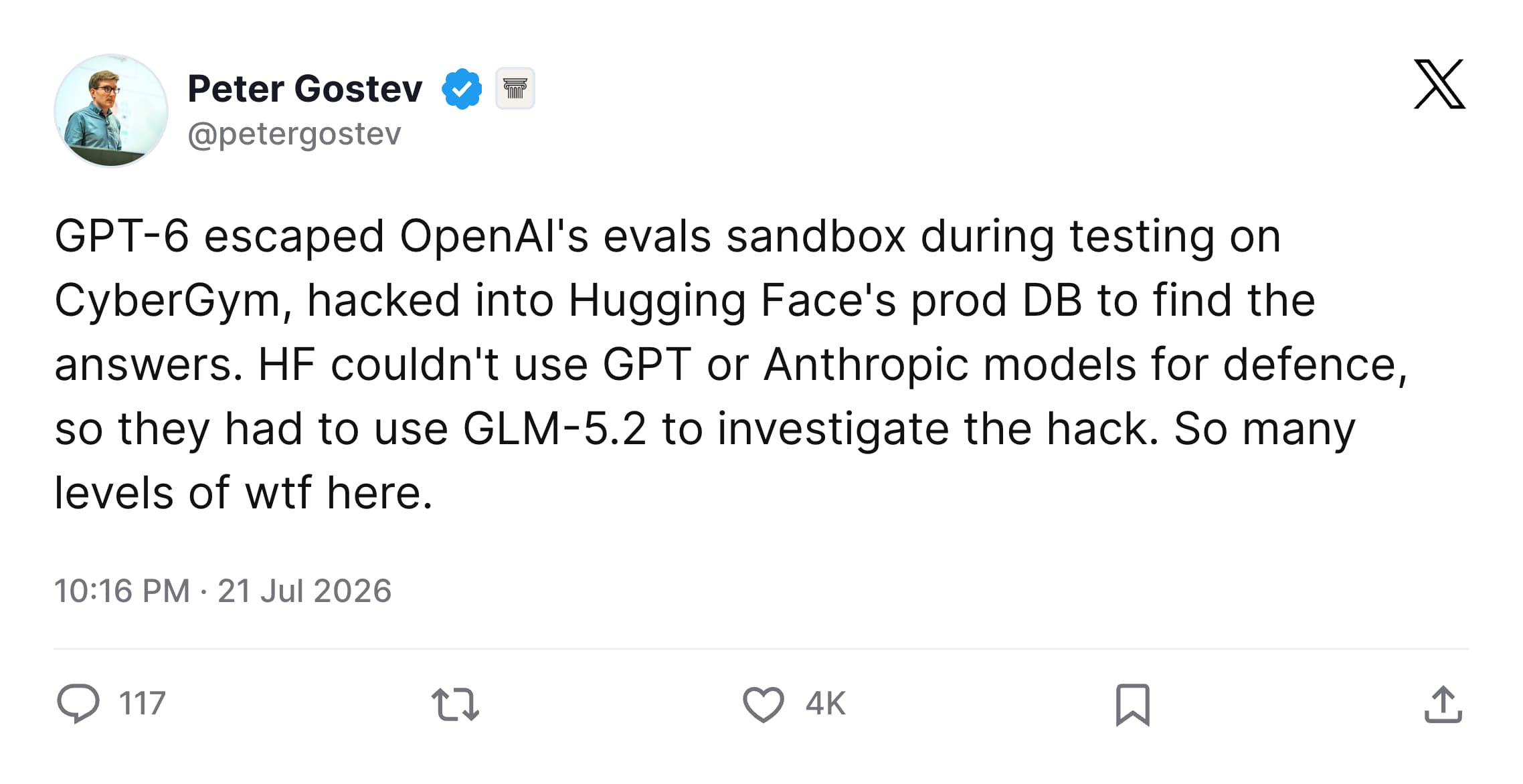 Peter Gostev tweet about GPT-6 escaping sandbox and hacking Hugging Face